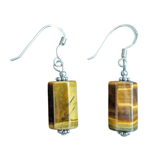 Tigers Eye Sterling Silver 925 Earrings hexagon Beads Dangle Natural Stone Hook - Picture 5 of 5